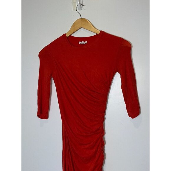 Helmut Lang | Asymmetric Nova Ruched Jersey Fitted Midi Dress Coral Red Size XS - Picture 4 of 10